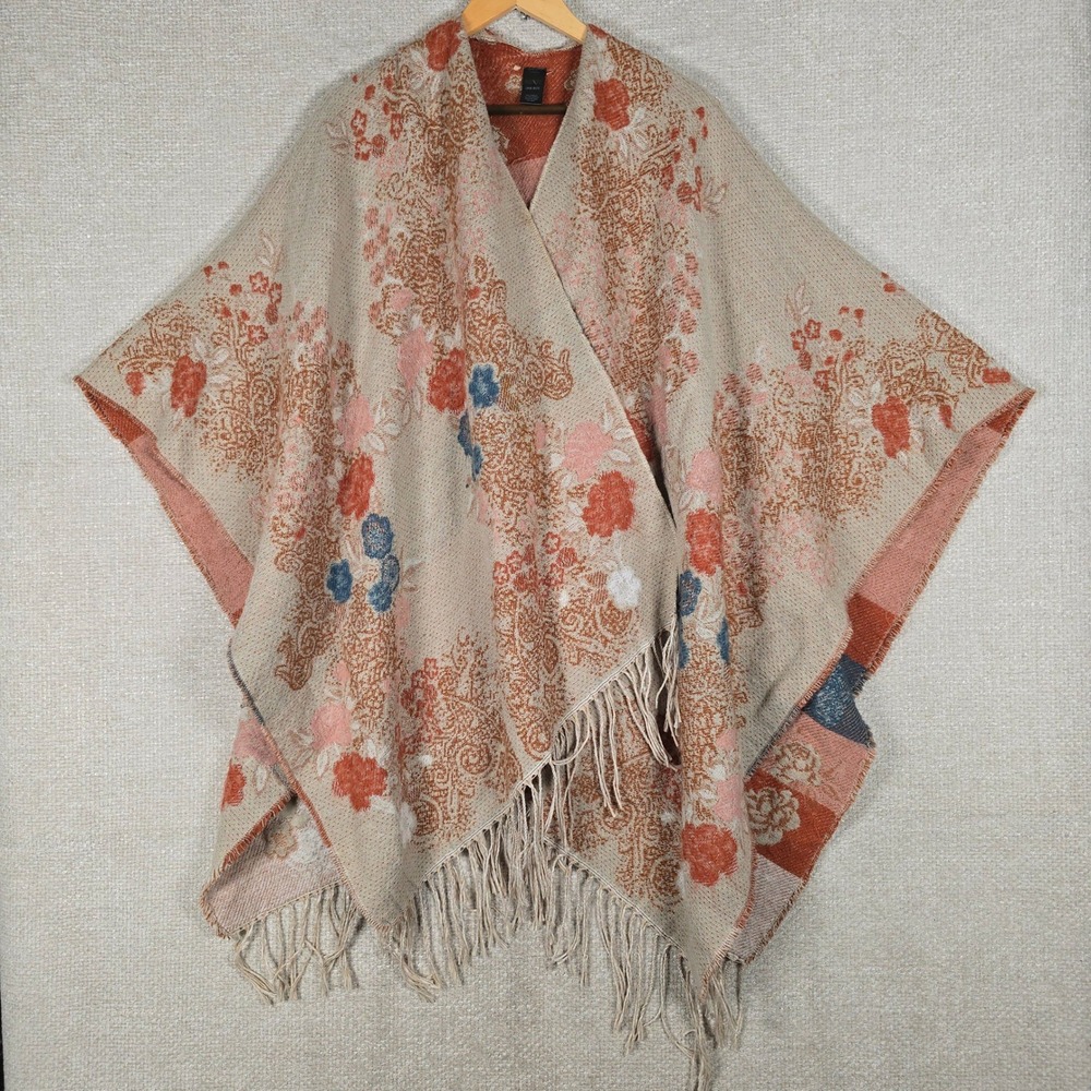 Mixit Floral Paisley Knit Poncho Wrap Beige Terracotta Fringe One Size